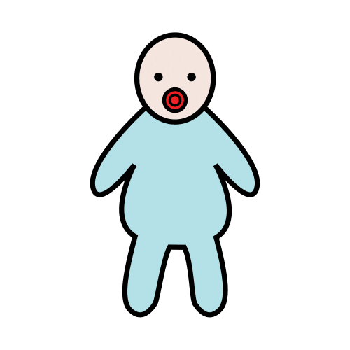 La imagen muestra un bebé vestido de azul con un chupete rojo.