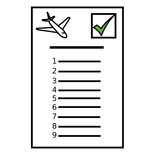 La imagen muestra una hoja de papel con un listado numerado, un avión y un tick verde.