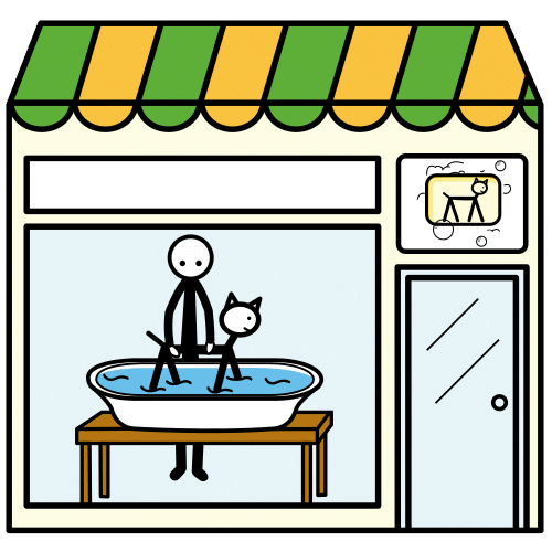 La imagen muestra una tienda de lavado de mascotas. En el escaparate se ve a una persona lavando a su mascota en una bañera.