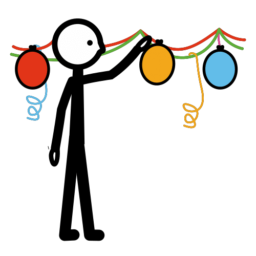La imagen muestra una persona decorando una pared con una guirnalda de globos de colores.