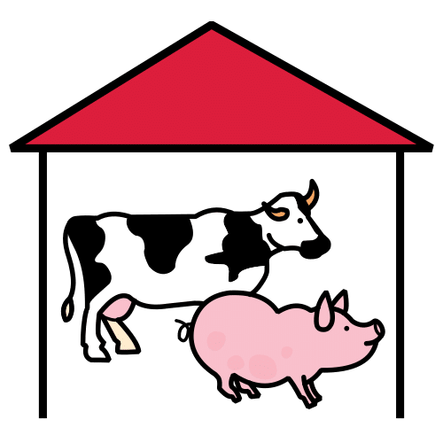 La imagen muestra una casa. En su interior: una vaca y un cerdo.
