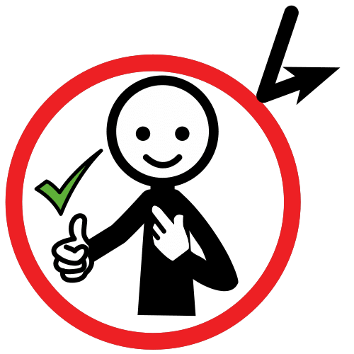 La imagen muestra a una persona sonriente con la mano en el pecho y la otra con el pulgar hacia arriba. Está rodeada por un círculo rojo que la protege de una flecha que rebota en él.