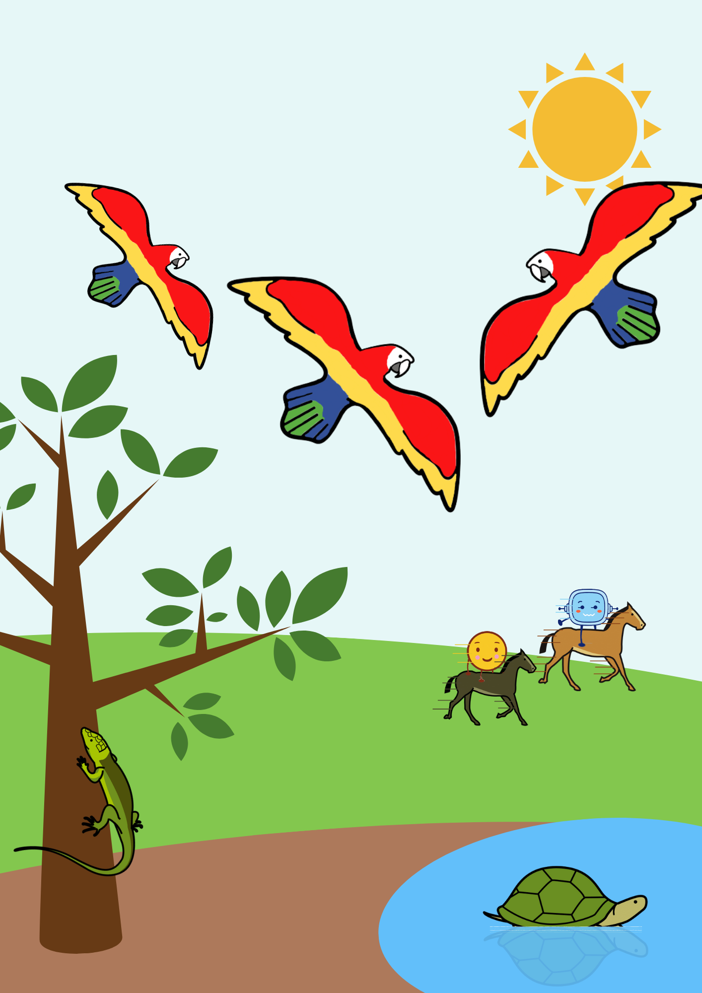 La imagen muestra a tres loros volando, una lagartija escalando un árbol, una tortuga nadando y dos caballos corriendo.