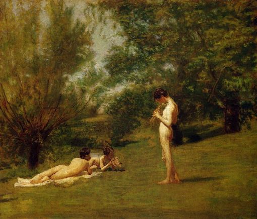 Varios jóvenes tocan la doble flauta desnudos en un paisaje idílico