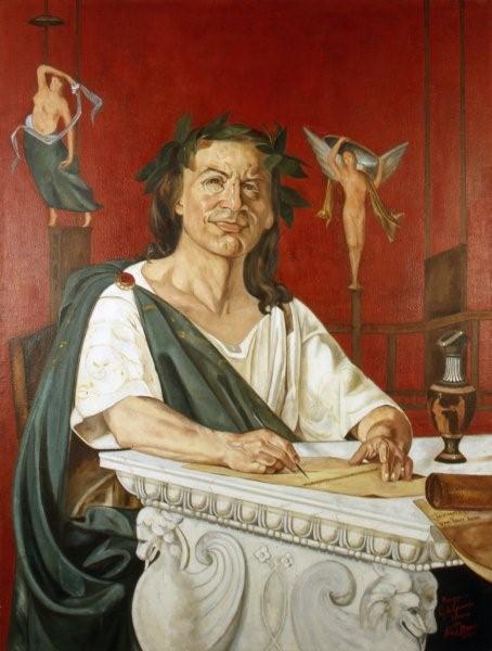 El poeta Horacio es representado coronado de laurel, con una pluma en la mano y ante un papiro en blanco
