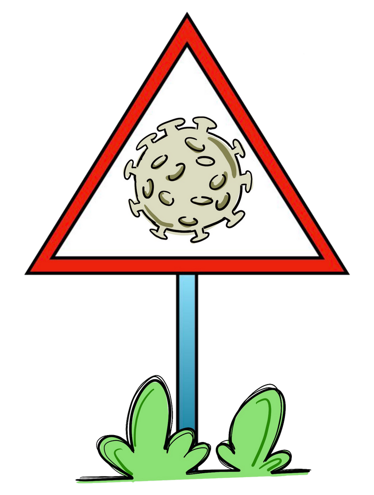 Señal triangular roja donde aparece dibujado un virus que advierte de posibles virus en la zona.