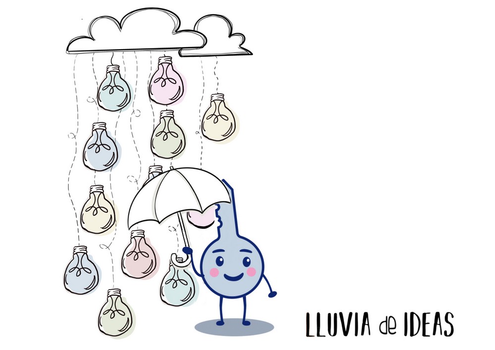 Monigote con un paraguas protegiéndose de una lluvia de bombillas de diferentes colores, que caen de una nube.