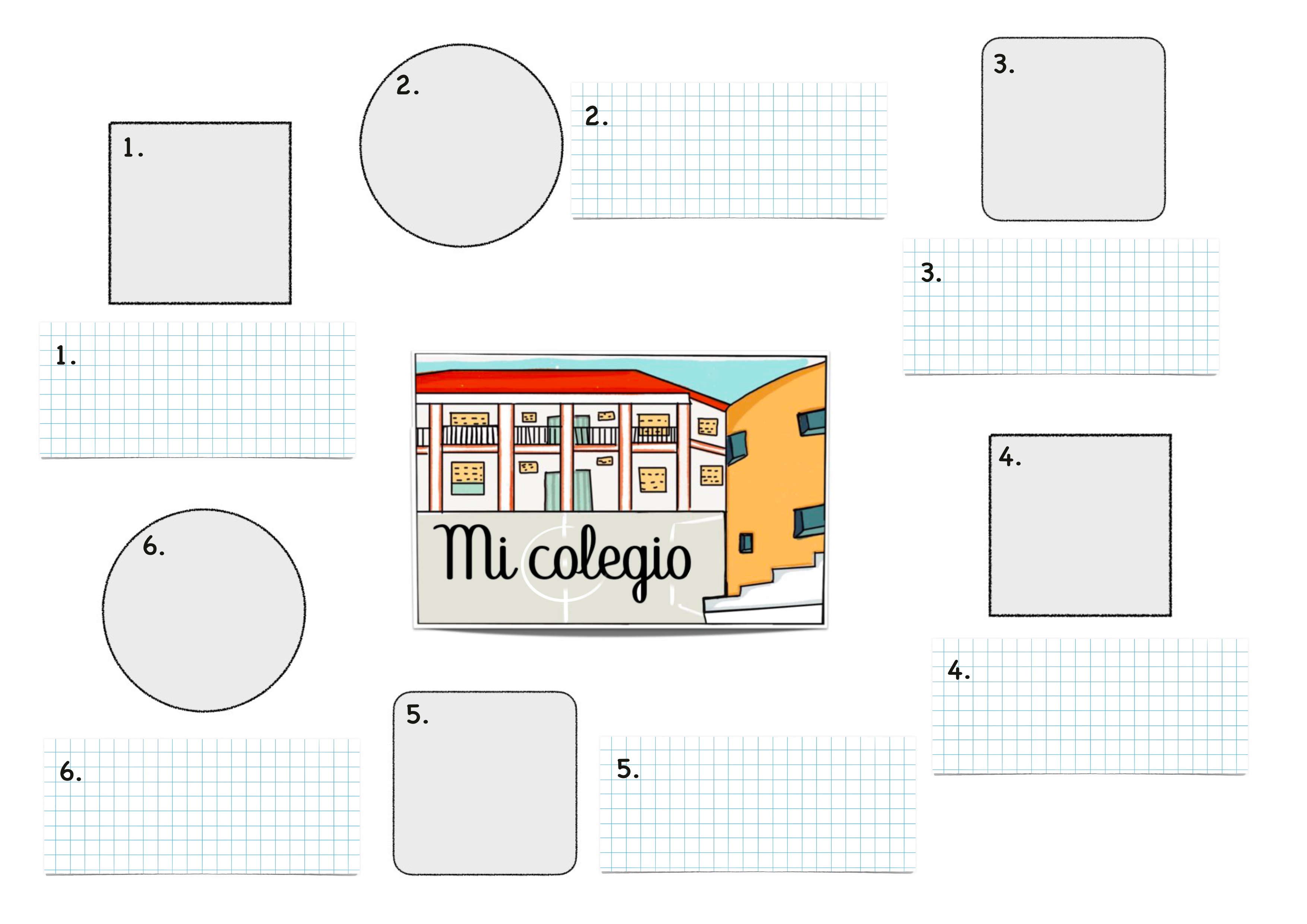 Plantilla con formato de esquema con un dibujo del cole y varios espacios para escribir y dibujar.