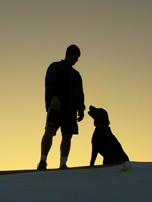 La imagen muestra las siluetas de un hombre y un perro que se miran el uno al otro.
