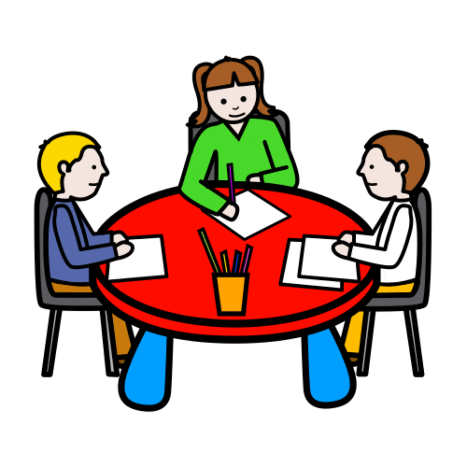 La imagen muestra a tres personas sentadas alrededor de una mesa redonda con folios y lapicero encima de la mesa.