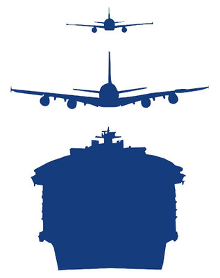 La imagen muestra los distintos tamaños de las siluetas de una avioneta, un avión y un barco.