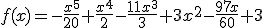 f(x)= - \frac{x^5}{20} + \frac{x^4}{2} - \frac{11x^3}{3} + 3x^2 - \frac{97x}{60} + 3