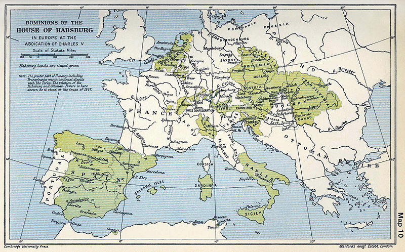 Mapa de Europa con los dominios de la casa de Habsburgo