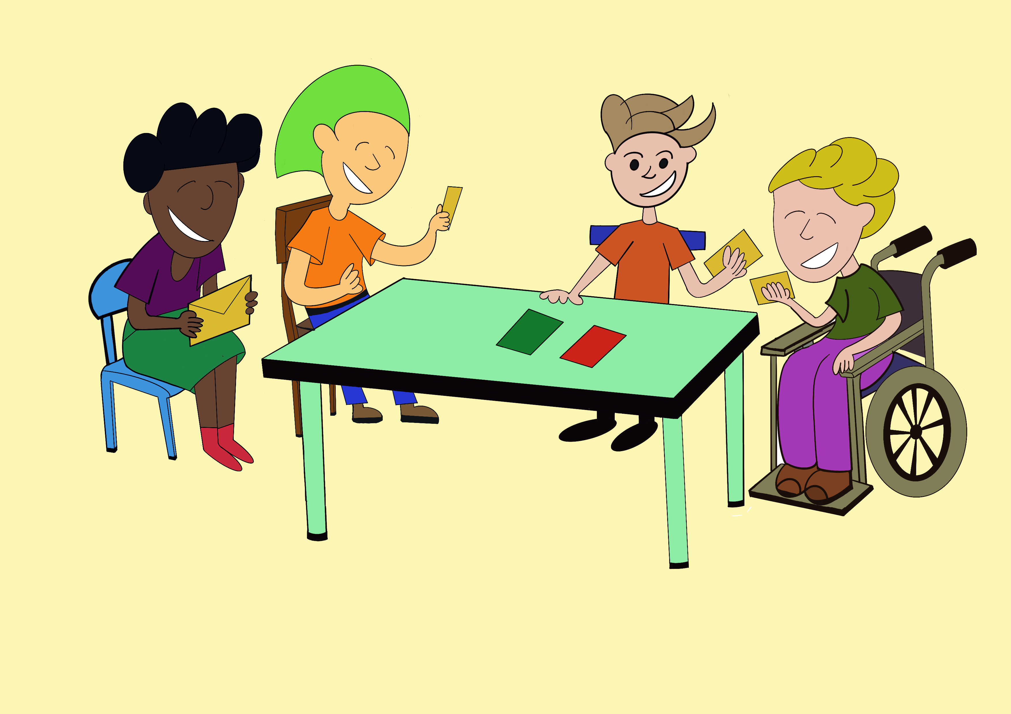 La imagen muestra un grupo de niños jugando alrededor de una mesa