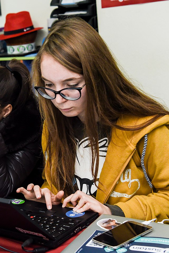 La imagen muestra una joven concentrada delante del ordenador.