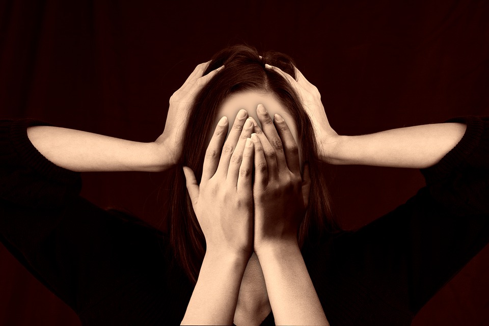 La imagen muestra una mujer con los ojos y oídos tapados con manos.