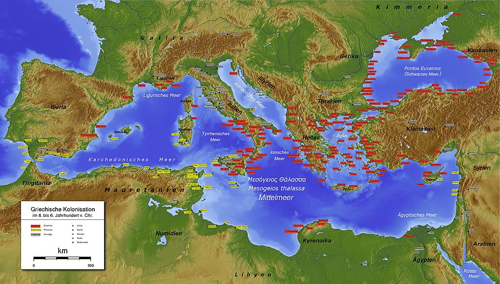 Mapa del Mediterráneo con las colonias griegas