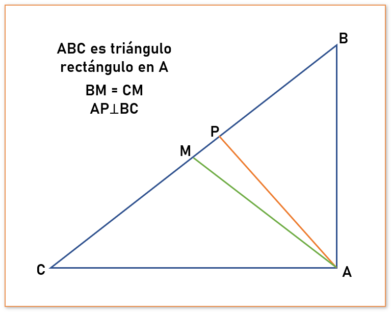 Triángulo rectángulo ABC con una mediana y una altura