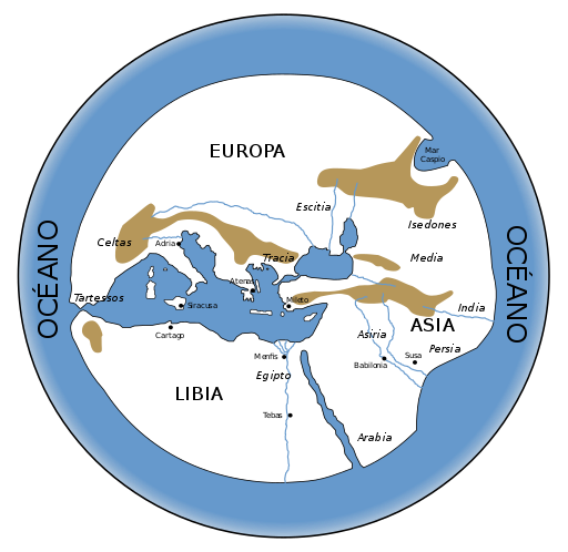 Reconstrucción hipotética del mapamundi circular perdido de Hecateo de Mileto