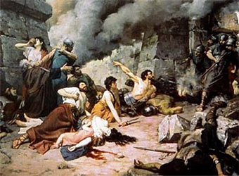 Los numantinos moribundos contemplan su ciudad incendiada ante la entrada de las legiones