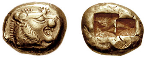 Estátera de Lidia, una de las primeras monedas, con la efigie de un león en el anverso y una marca real en el reverso
