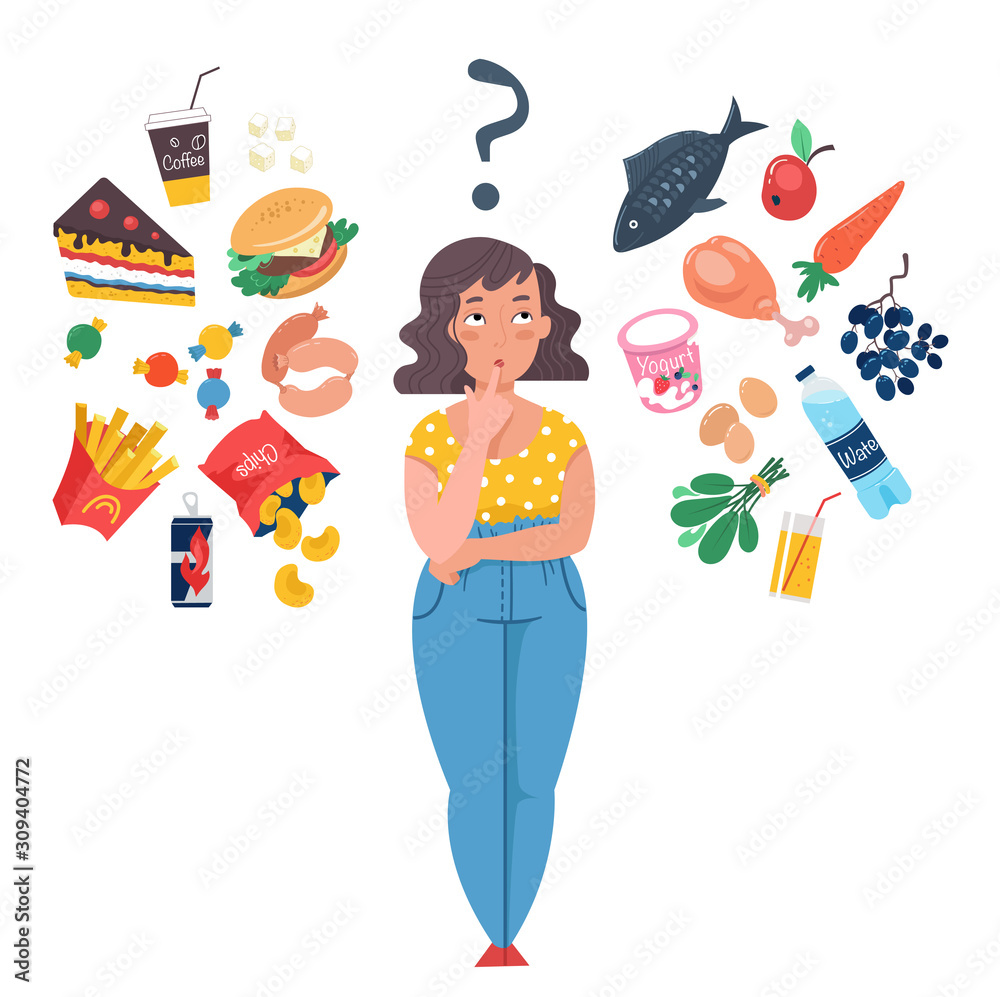 La imagen muestra una mujer pensando en comida