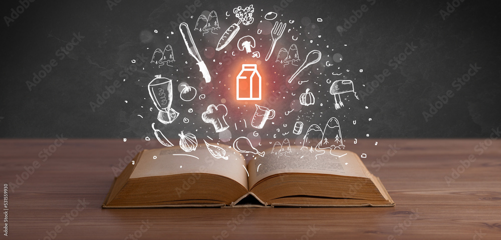 La imagen muestra un libro expulsando contenidos de cocina