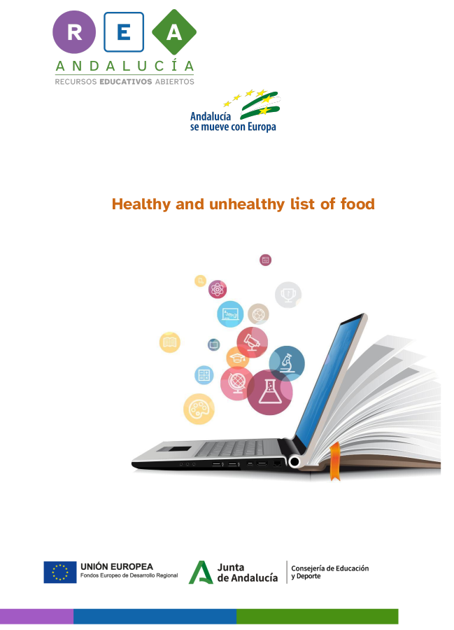 El archivo incluye una lista para que el alumnado ponga los alimentos saludables y los no saludables.