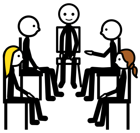 pictograma de un grupo de escolares sentados en sillas y dialogando entre sí sobre un tema