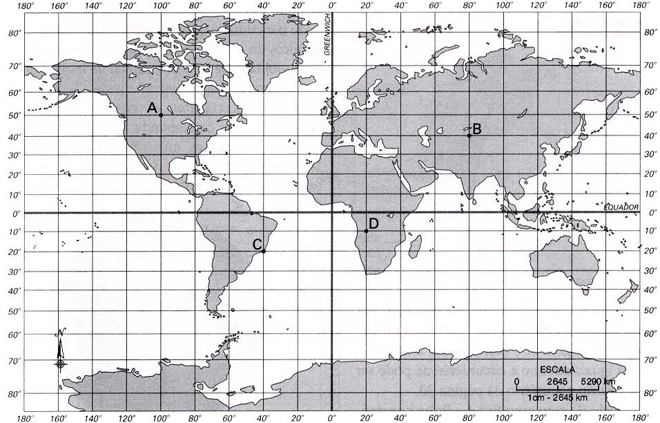 se aprecia una ilustración de un mapamundi con plano de coordenadas cartesianas superpuestas en color negro