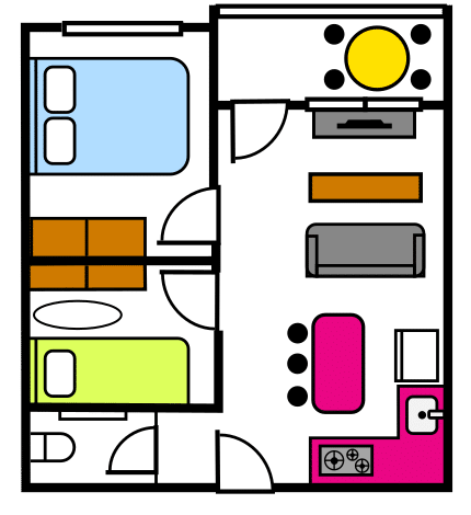 se observa el plano de una vivienda. Abajo se aprecia el salón unido a la cocina. A la izquieda está la zona de cocina de color rosa, los fogones y una mesa con 3 asientos. A la derecha está el sofá, una mesa, y la televisión. A la derecha del salón se encuentra una habitación con una mesa amarilla y cuatro asientos. En la parte de arriba hay un baño a la derecha. En el centro un dormitorio con una cama pequeña verde y un escritoio marrón. A la derecha hay un dormitorio grande con una cama grande celeste y con un armario marrón
