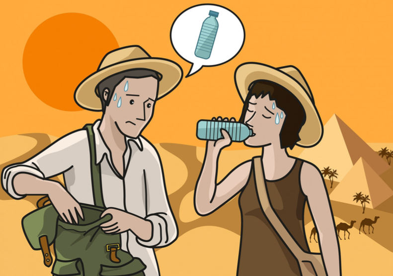 La imagen muestra una pareja de expedición. La mujer bebe agua y el hombre tiene sed.