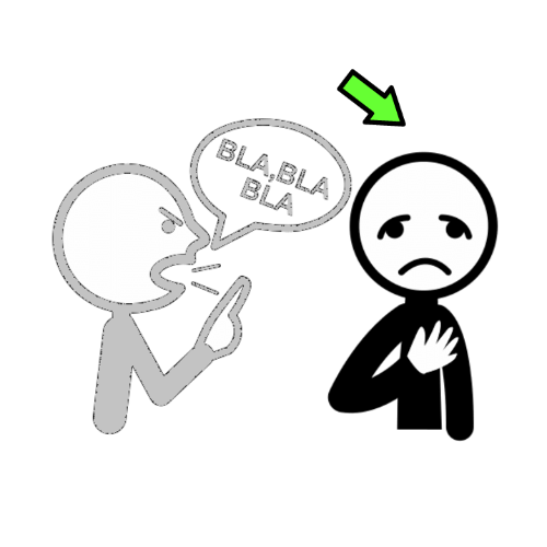 La imagen muestra dos siluetas humanas una increpándole a la otra, quedando resaltada la de la derecha, que tiene la mano en el pecho y la cara triste.
