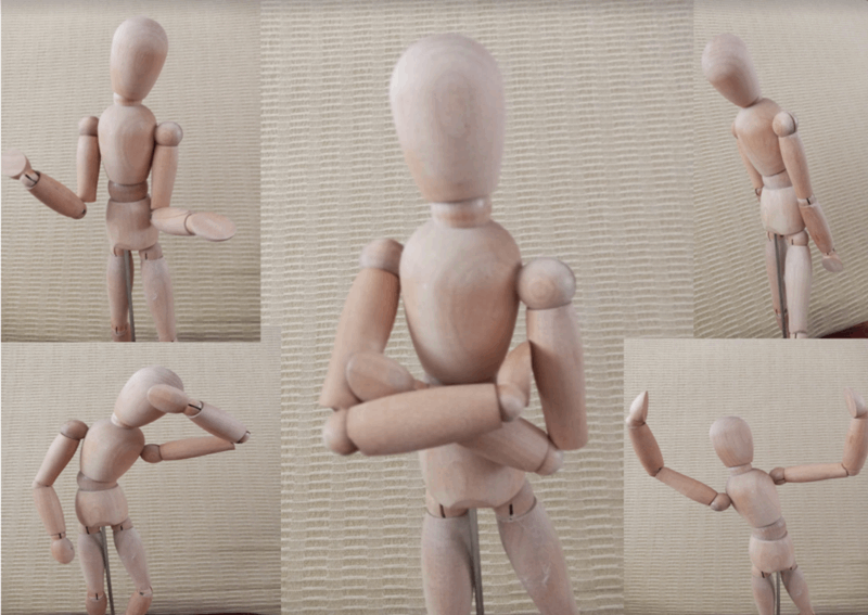 la imagen muestra varios muñecos articulados en diferentes posturas.