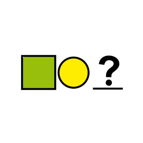 La imagen muestra, de izquierda a derecha, un cuadrado verde, un círculo amarillo y un signo de interrogación sobre una línea.