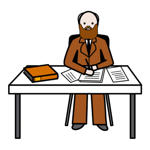 La imagen muestra un escritor con barba tras una mesa llena de papeles.
