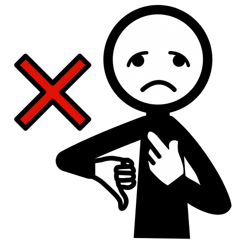 La imagen muestra una figura humana con expresión triste y la mano con el dedo pulgar hacia abajo y un aspa roja al lado.