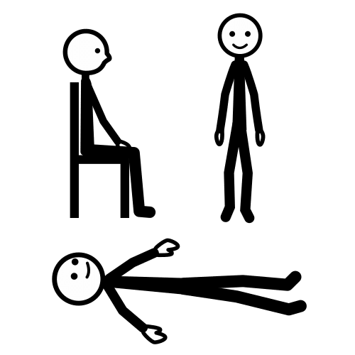 La imagen muestra un persona sentada, persona de pie, persona acostada en medio.