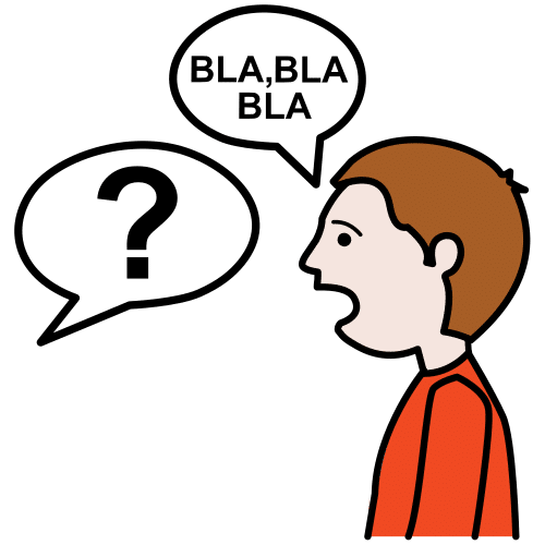 La imagen muestra niño con dos bocadillos uno con interrogación y otro con las letras bla, bla, bla. 