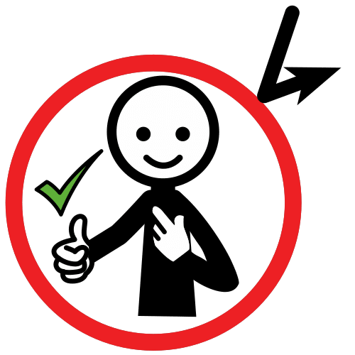 La imagen muestra una persona dentro de círculo rojo con pulgar levantado y encima un tick verde. Dedo índice señalando. 