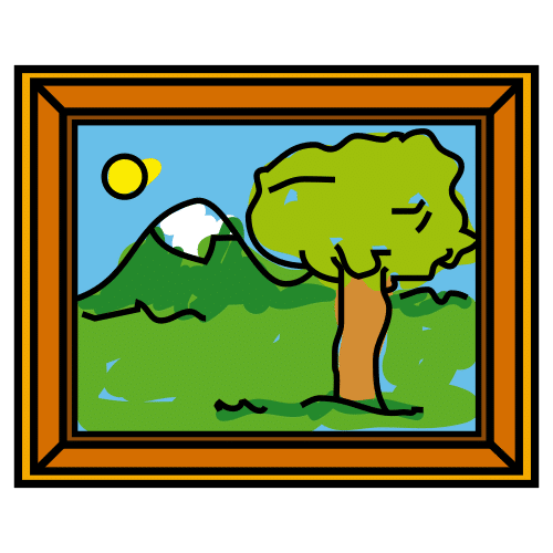 La imagen muestra un cuadro con un paisaje de una montaña, un árbol y un sol. 