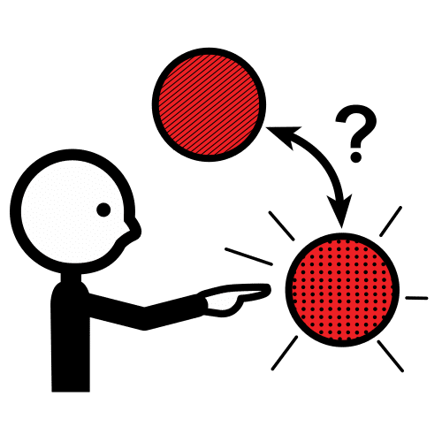 La imagen muestra un niño señalando. Dos círculos rojos con una flecha en medio y una interrogación.