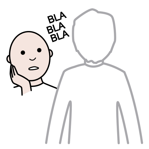 La imagen muestra una cara con mano puesta en la cara, silueta de espaldas en gris. En medio hay tres palabras bla, bla, bla.