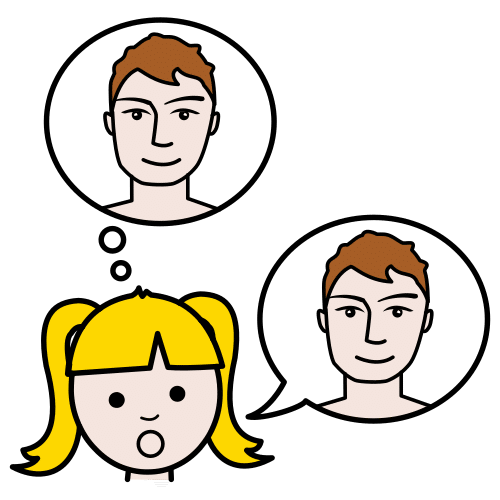 La imagen muestra una niña con dos bocadillos, uno de pensar y otro de hablar, en ambos sale la imagen de un hombre.