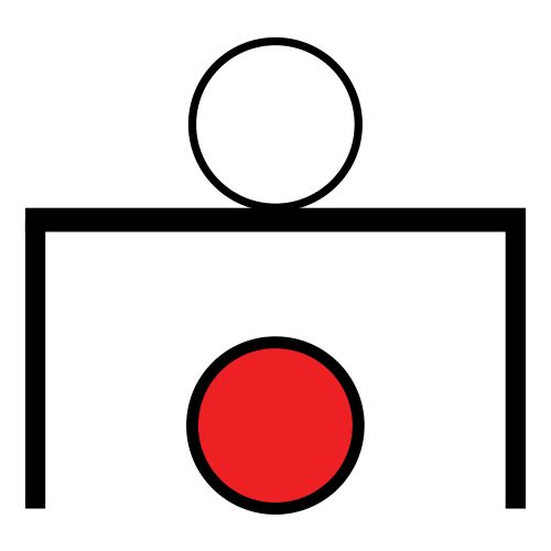 La imagen muestra un semicuadrado con circulo blanco encima y círculo rojo debajo.
