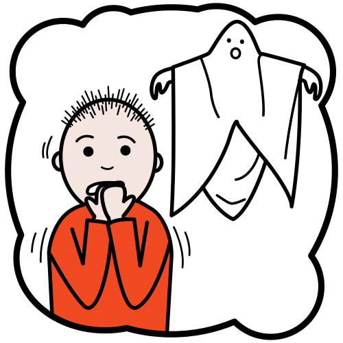 La imagen muestra un niño con las dos manos en la boca, camiseta roja y un fantasma por detrás. 