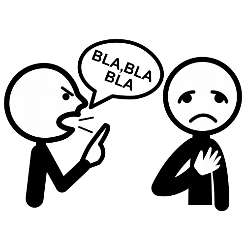 La imagen muestra una persona apuntando con el dedo a otra persona y un bocadillo hablando donde dice bla, bla, bla y la otra persona con la mano en su pecho y cara triste. 