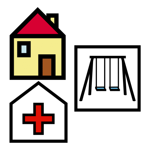 La imagen muestra una casa, columpio y una casa con una cruz roja. 