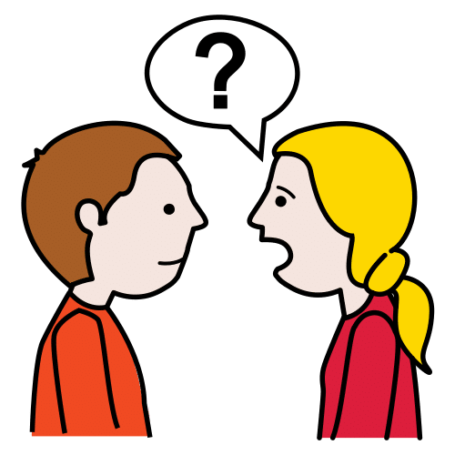 La imagen muestra dos personas hablando de frente con un bocadillo en medio que contiene un signo de interrogación.