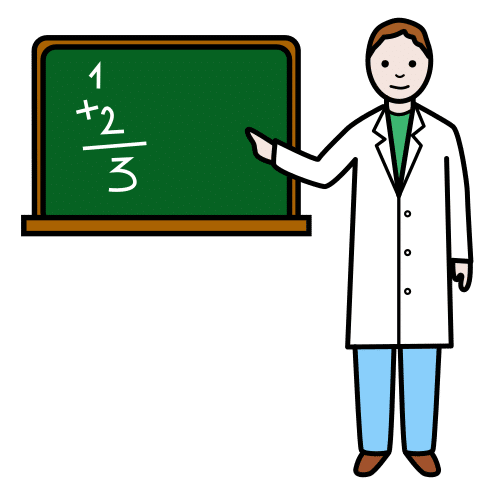 La imagen muestra una persona con una bata blanca y pantalón azul que está señalando a la pizarra donde hay escrito una suma de 1+2.